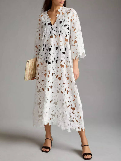 Raquel™ | Floral Eyelet Long Sleeve Midi Dress