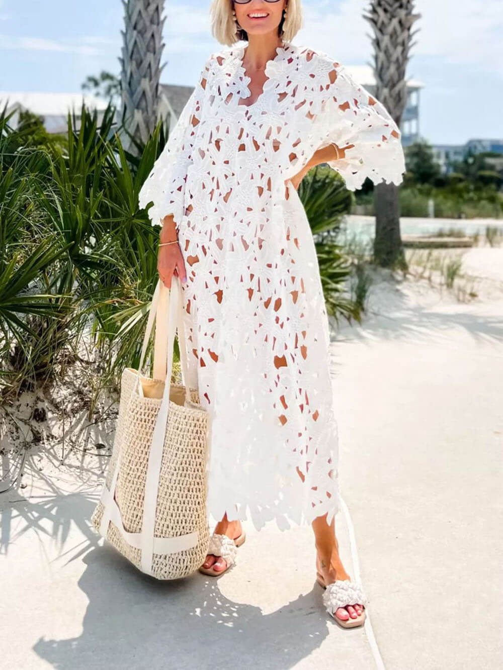 Raquel™ | Floral Eyelet Long Sleeve Midi Dress
