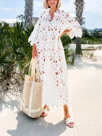 Raquel™ | Floral Eyelet Long Sleeve Midi Dress