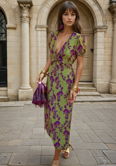 Florencia™ | Midi Wrap Dress in Green & Purple