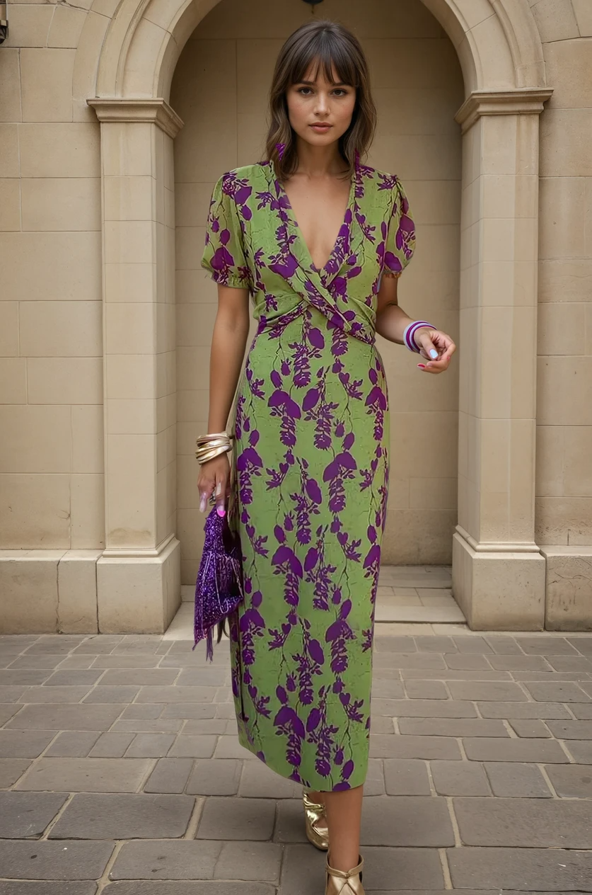 Florencia™ | Midi Wrap Dress in Green & Purple