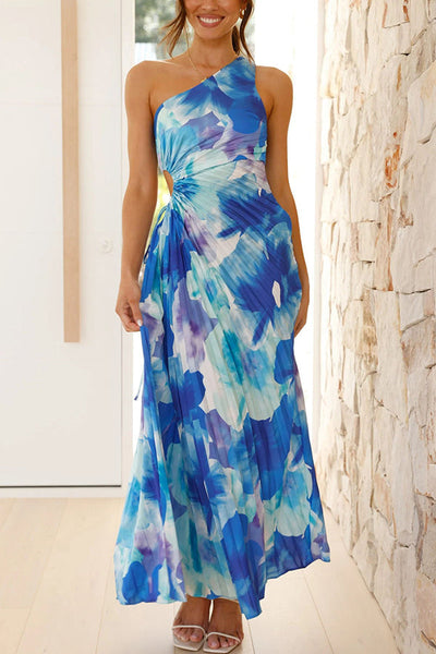Deja - Floral Pattern One-Shoulder Pleated Maxi Dress