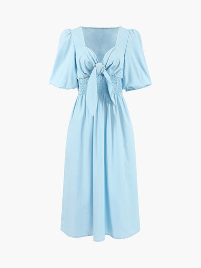 Lightweight Linen-Cotton Midi Dress with Front Knot