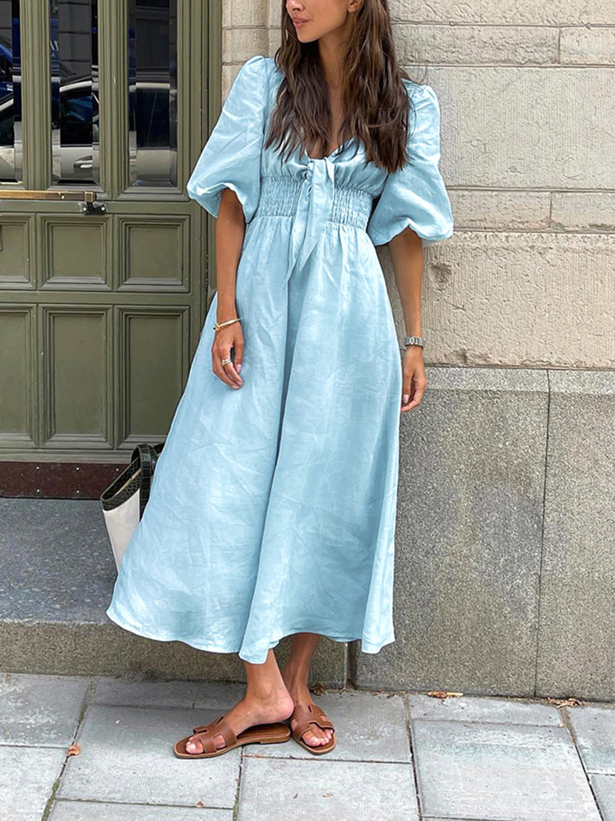 Lightweight Linen-Cotton Midi Dress with Front Knot