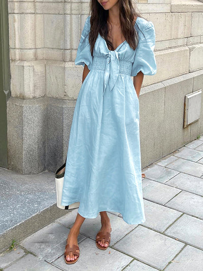 Lightweight Linen-Cotton Midi Dress with Front Knot