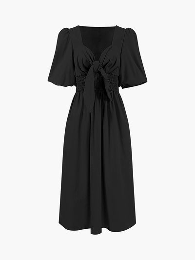 Lightweight Linen-Cotton Midi Dress with Front Knot