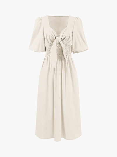 Lightweight Linen-Cotton Midi Dress with Front Knot