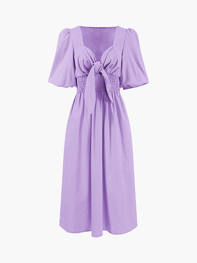 Lightweight Linen-Cotton Midi Dress with Front Knot