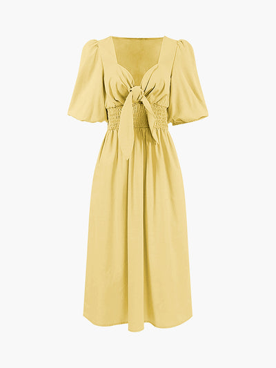 Lightweight Linen-Cotton Midi Dress with Front Knot
