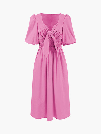 Lightweight Linen-Cotton Midi Dress with Front Knot