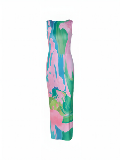 Garden Print Long Dress in Sleeveless Style