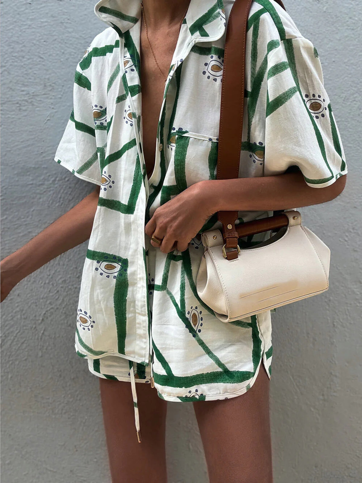 Casual Two-Piece Print Set with Drawstring Shorts