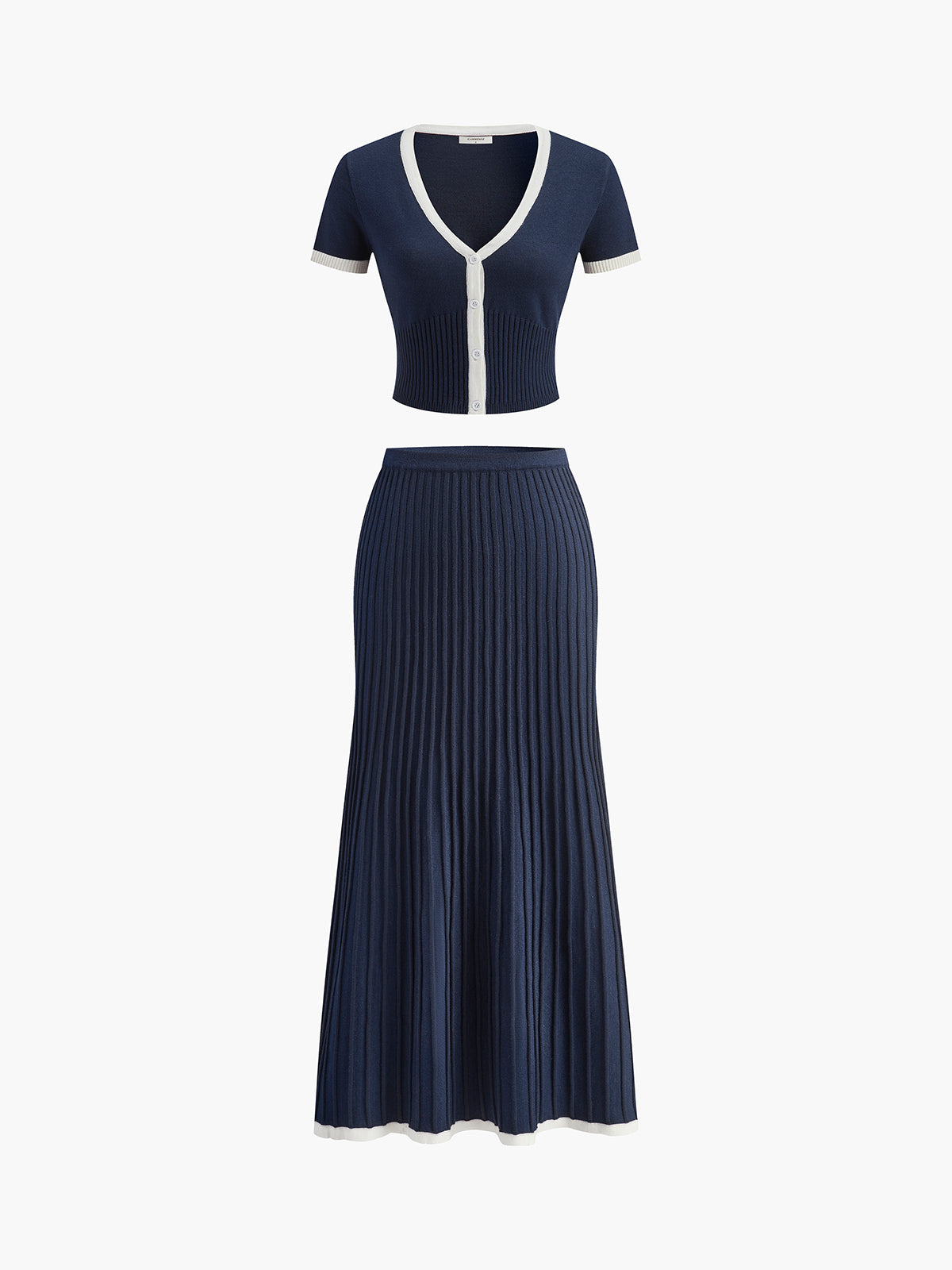 Clean-Lined Sweater and Skirt Set with Bold Trim