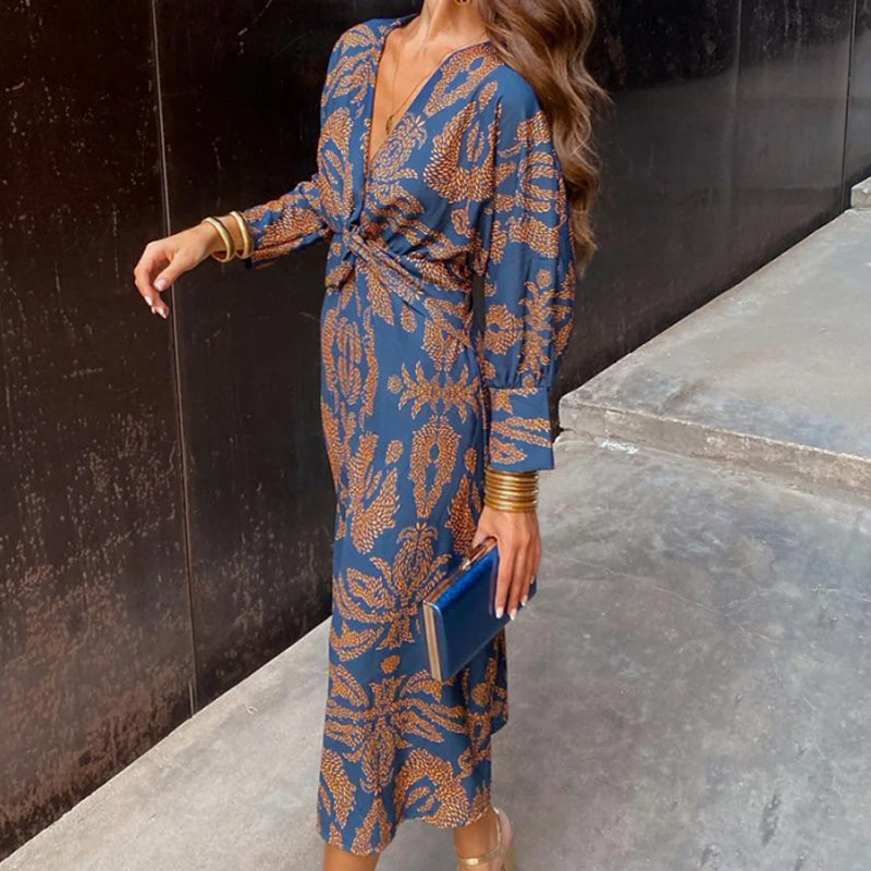 Janella™ | Vintage Draped Long Sleeve Midi Dress